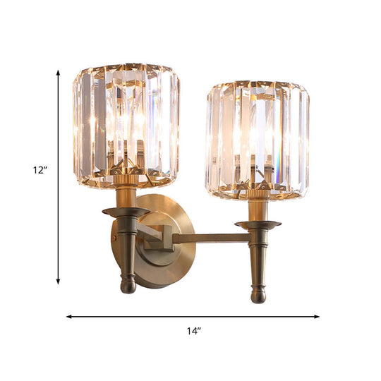 Modern Brass Cylinder Wall Light Sconce With Crystal Shade - 1/2 Lights Metal Mount