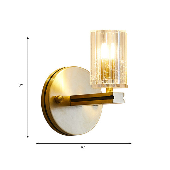 Contemporary Prismatic Crystal Cylinder Sconce Light - Brass Wall Mount