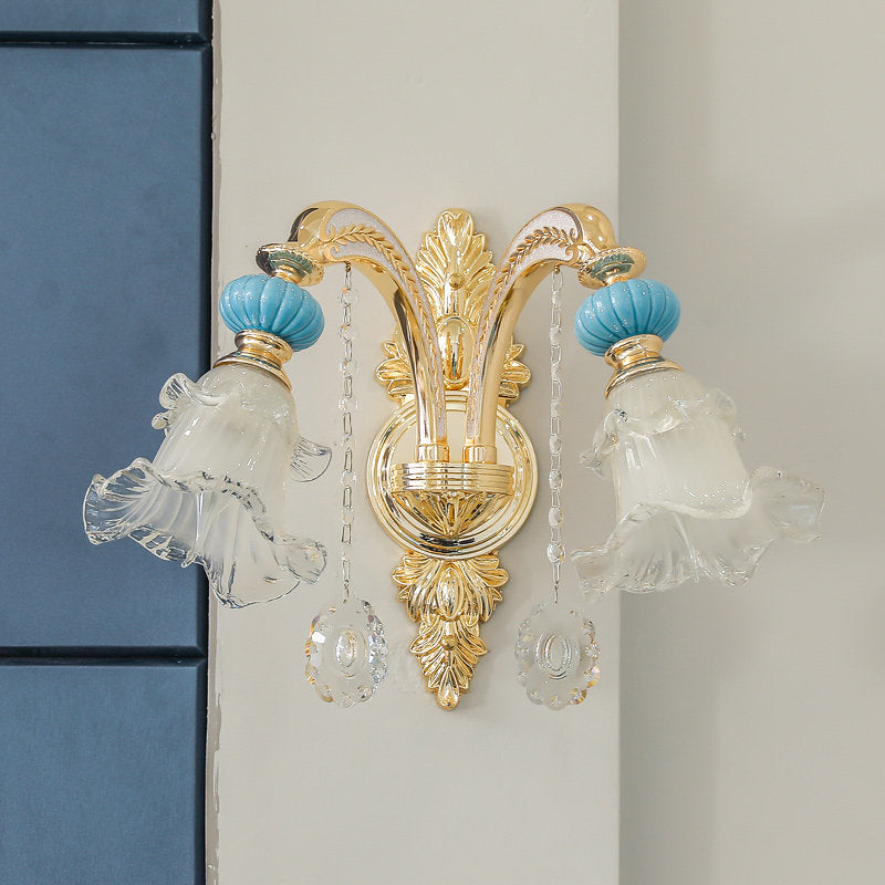 Nordic White Glass Flower Wall Mount Light With Crystal Drop - Gold Accent Ideal For Bedroom 1/2