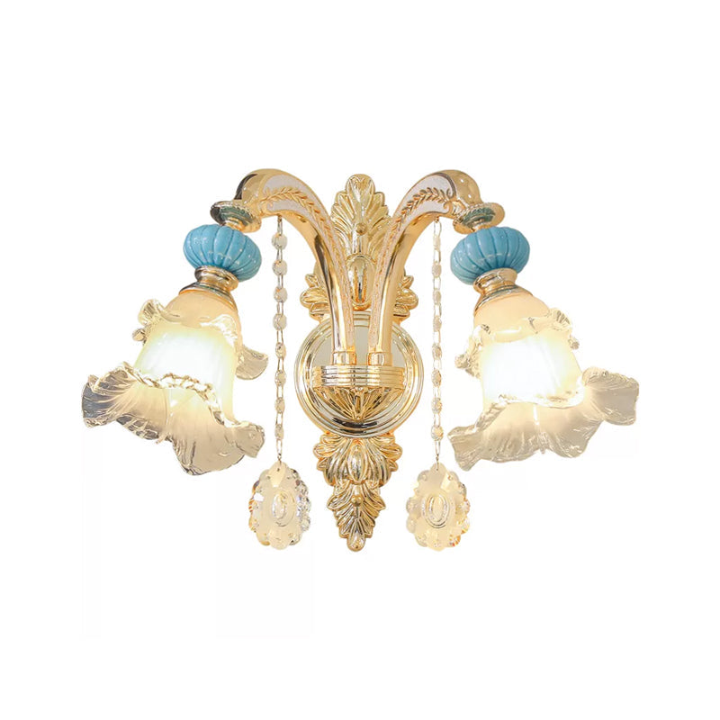 Nordic White Glass Flower Wall Mount Light With Crystal Drop - Gold Accent Ideal For Bedroom 1/2