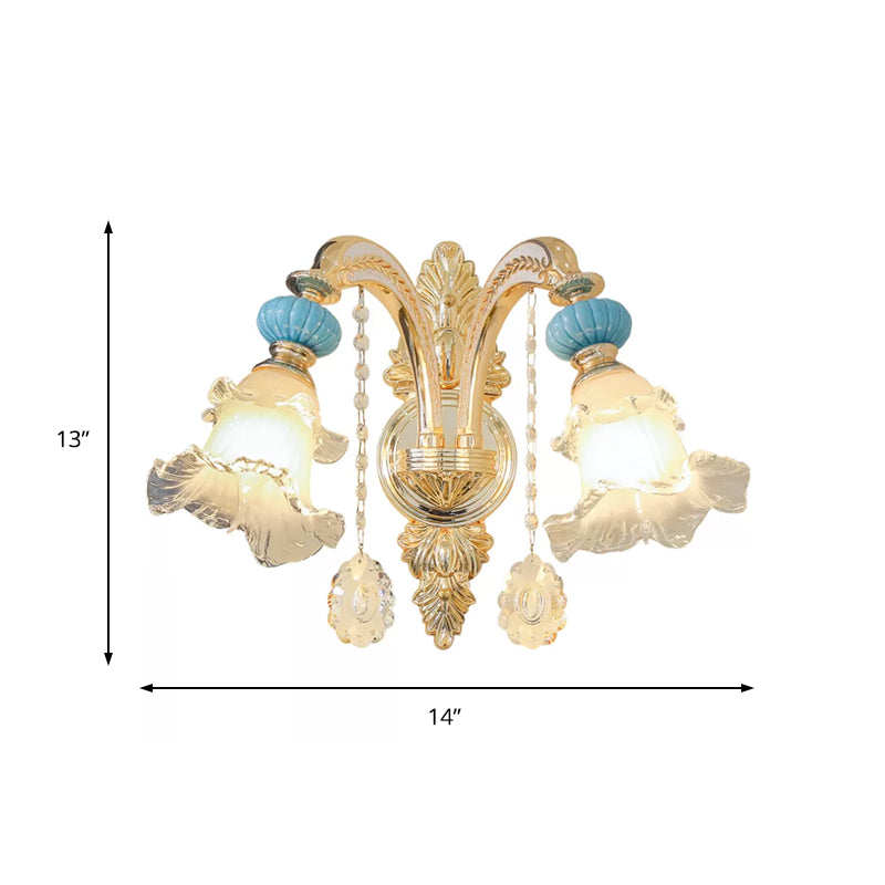 Nordic White Glass Flower Wall Mount Light With Crystal Drop - Gold Accent Ideal For Bedroom 1/2