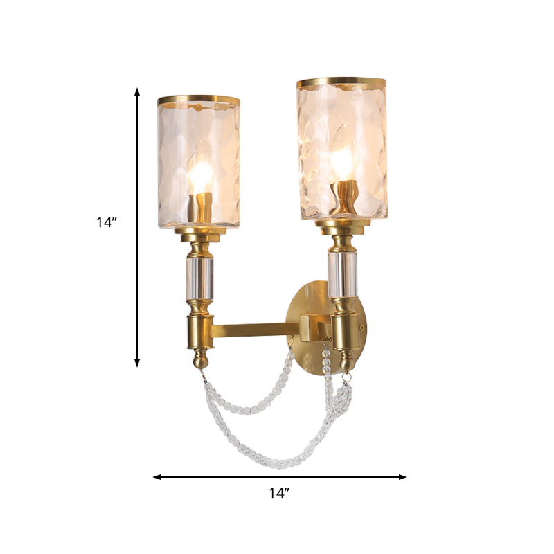Postmodern Water Glass Wall Sconce Light With Crystal Accents - Brass Finish