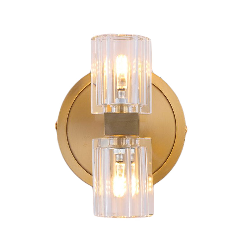 Prismatic Crystal Cylinder Wall Sconce Light - Postmodern 2 Lights Brass Up And Down Mount