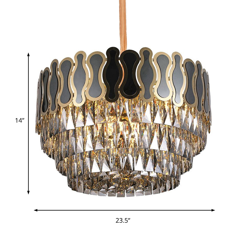 Modern Metal And Crystal Tiered Hanging Light Fixture - 8/11 Lights Black Chandelier 18’/23.5’ Wide
