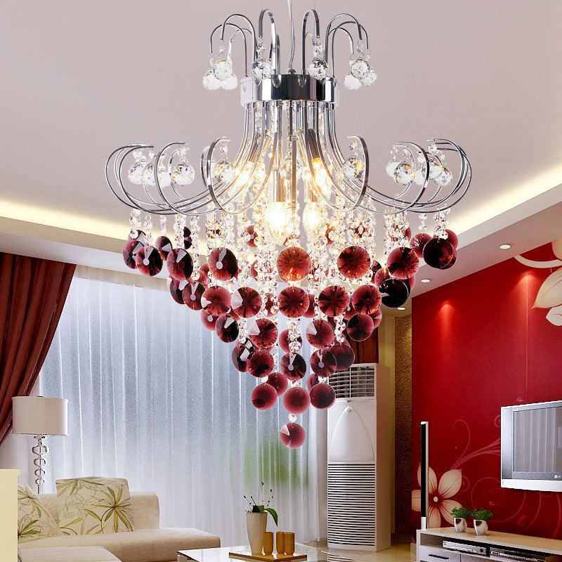 Modern Red Crystal Chandelier - Bent Arm Frame 3 Lights Chrome Ceiling Fixture