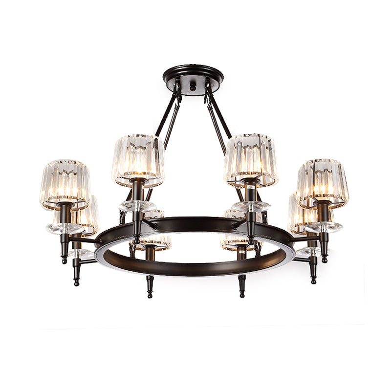 Vintage Black Barrel Hanging Light: Metal Chandelier With Prismatic Glass Shades - 3/6/8 Lights