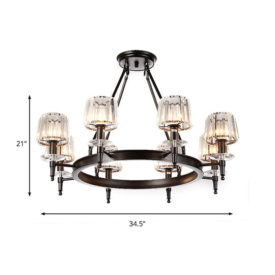 Vintage Black Barrel Hanging Light: Metal Chandelier With Prismatic Glass Shades - 3/6/8 Lights