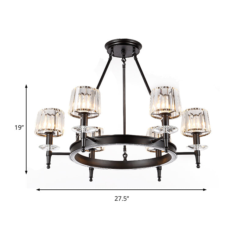Vintage Black Barrel Hanging Light: Metal Chandelier With Prismatic Glass Shades - 3/6/8 Lights