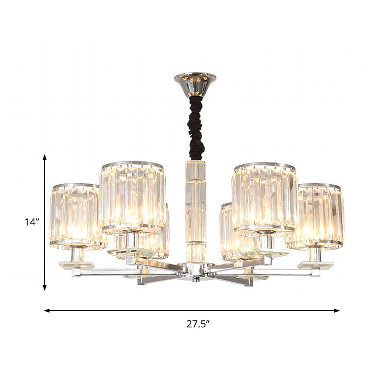 Modern Crystal Cylinder Chandelier Light - Chrome Finish 3/6 Lights Bedroom Hanging Fixture