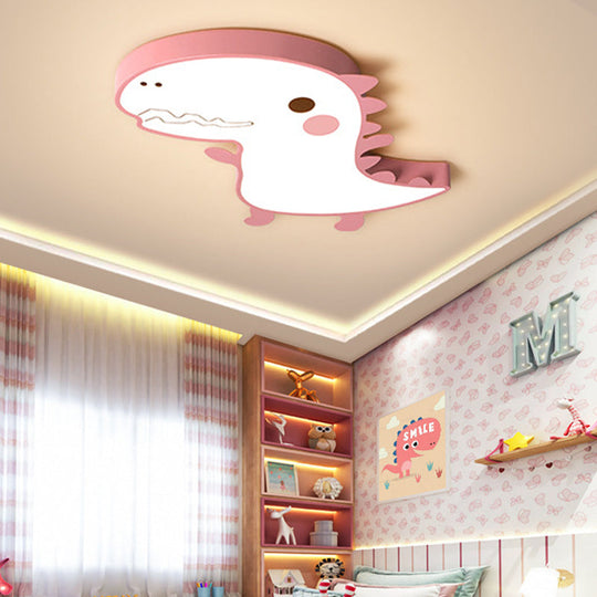 Dinosaur Flushmount Lamp: Pink/Green Cartoon Led Ceiling Light With Acrylic Diffuser (Warm/White)