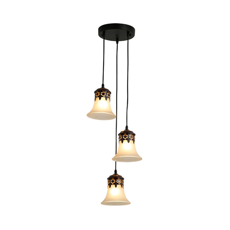 Traditional Black Bell Cluster Pendant With Frosted Glass - 3 Lights Hanging Lamp For Living Room