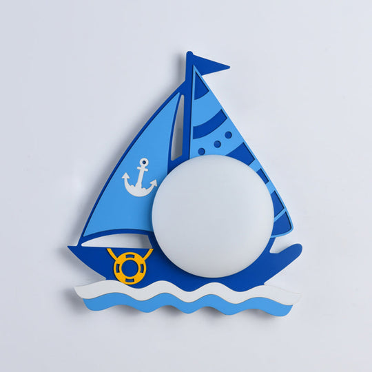 Kiddie Cartoon Blue Led Wall Lamp - Round Shade Plastic Light Fixture For Kindergarten