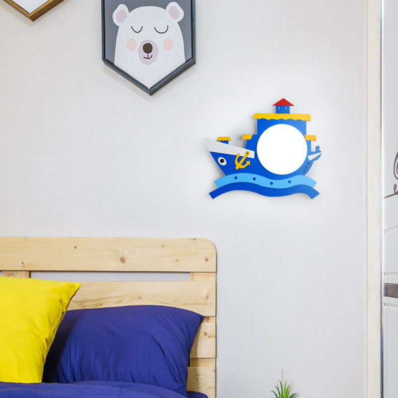 Kiddie Cartoon Blue Led Wall Lamp - Round Shade Plastic Light Fixture For Kindergarten / B