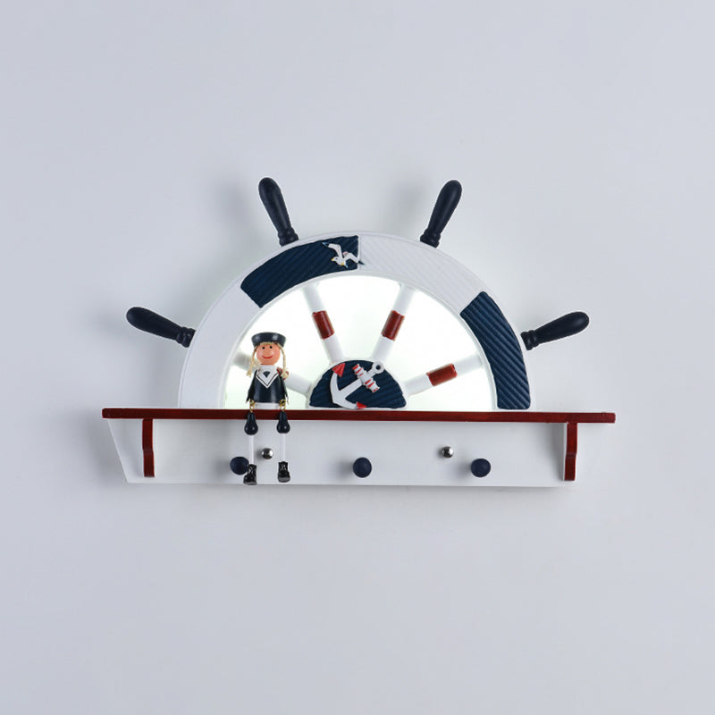 Kiddie Cartoon Blue Led Wall Lamp - Round Shade Plastic Light Fixture For Kindergarten