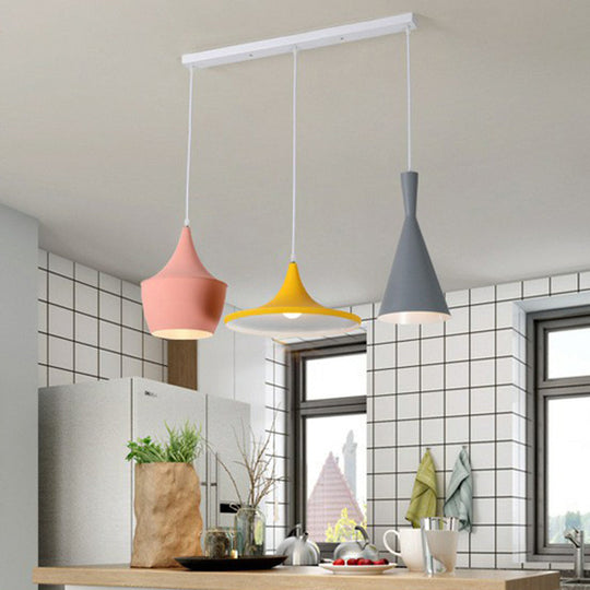 Minimalistic Shaded Hanging Lighting: Metallic 3-Head Pink-Yellow Pendant / Linear