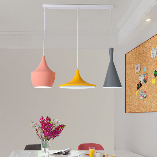 Minimalistic Shaded Hanging Lighting: Metallic 3-Head Pink-Yellow Pendant