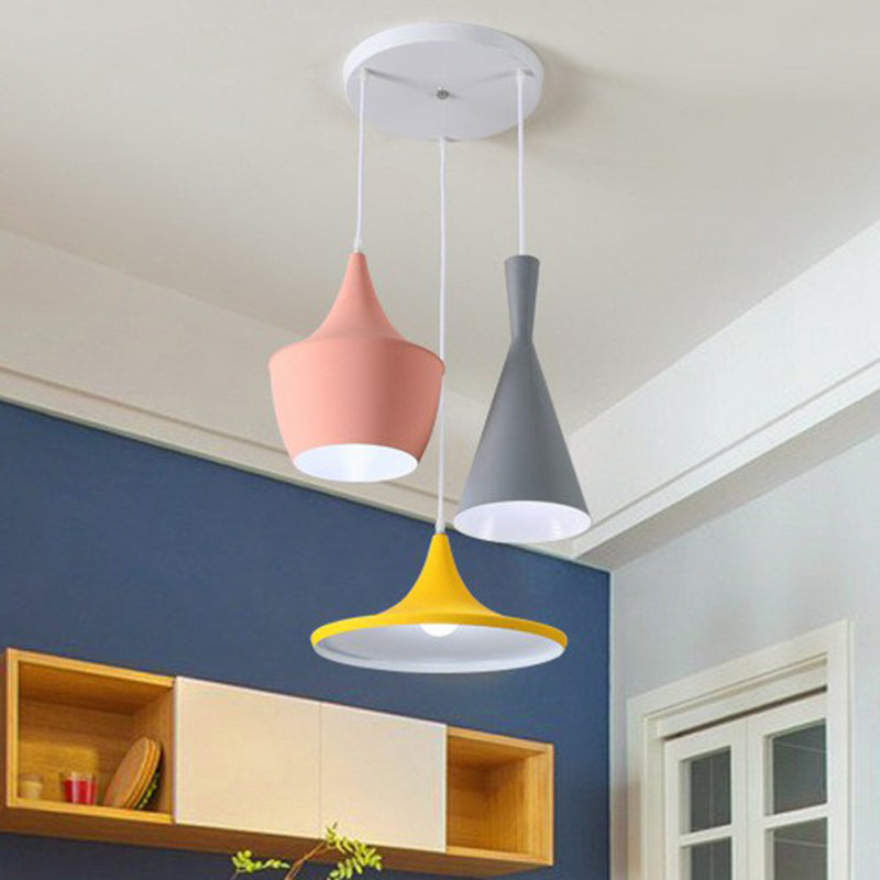 Minimalistic Shaded Hanging Lighting: Metallic 3-Head Pink-Yellow Pendant
