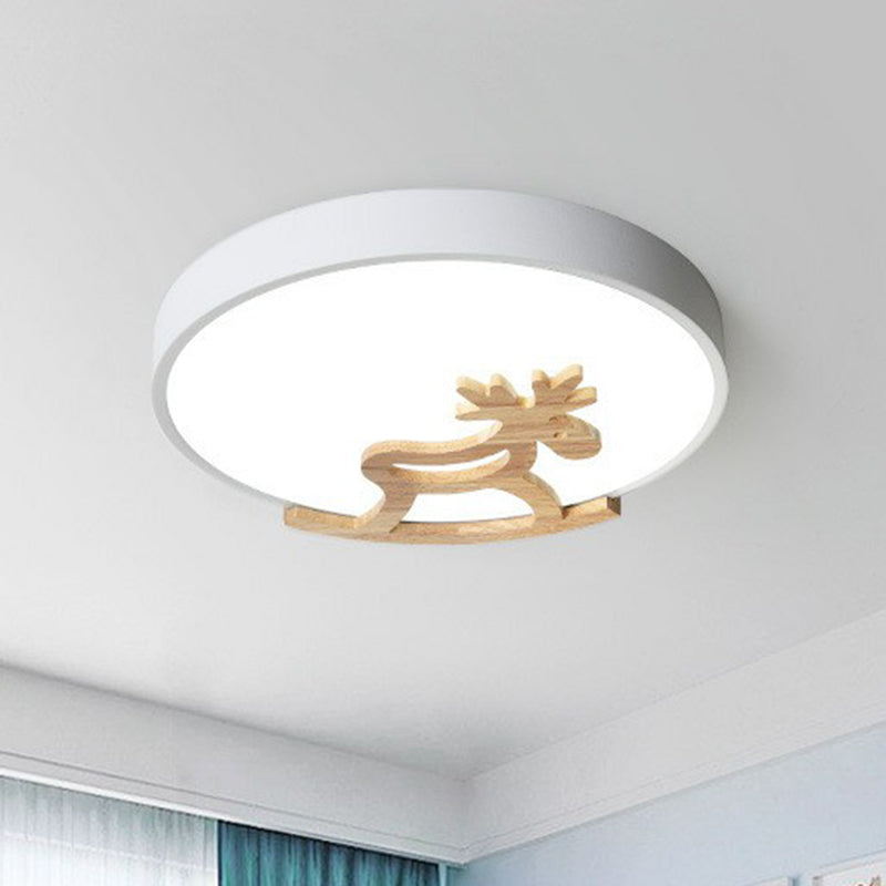 Metallic Nordic Circle Led Flush Mount With Wooden Hobbyhorse For Bedroom Ceiling Lighting