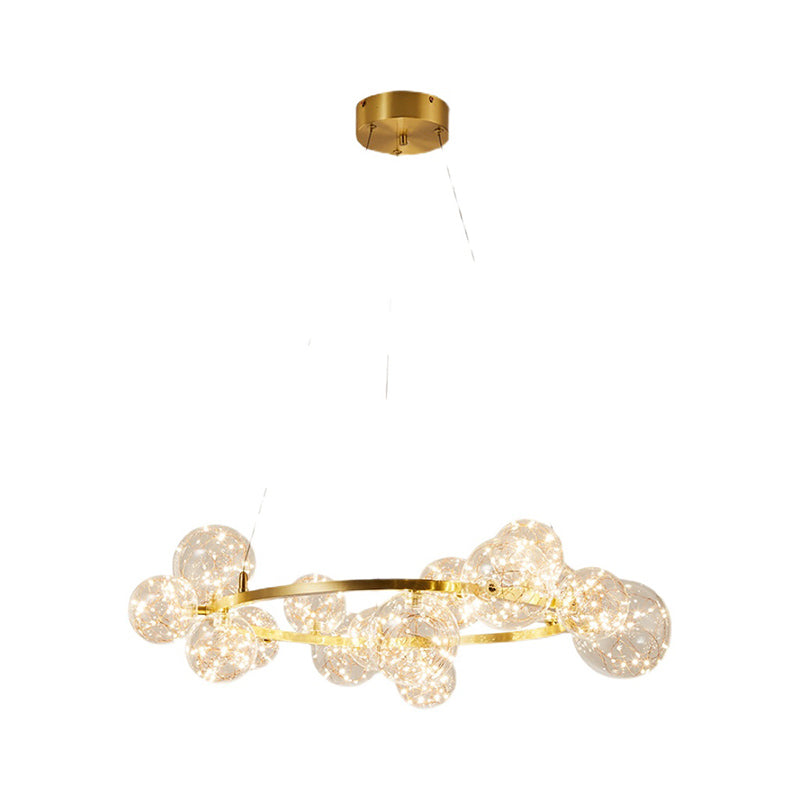 Contemporary Led Chandelier Light With Halo Ring - Clear Glass Globe Living Room Ceiling Lighting In