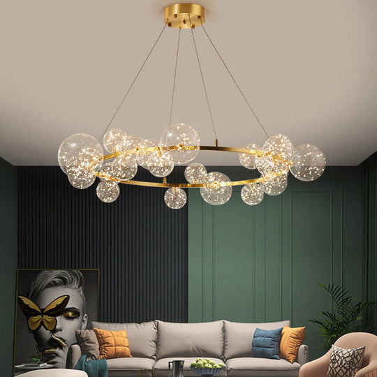Contemporary Led Chandelier Light With Halo Ring - Clear Glass Globe Living Room Ceiling Lighting In