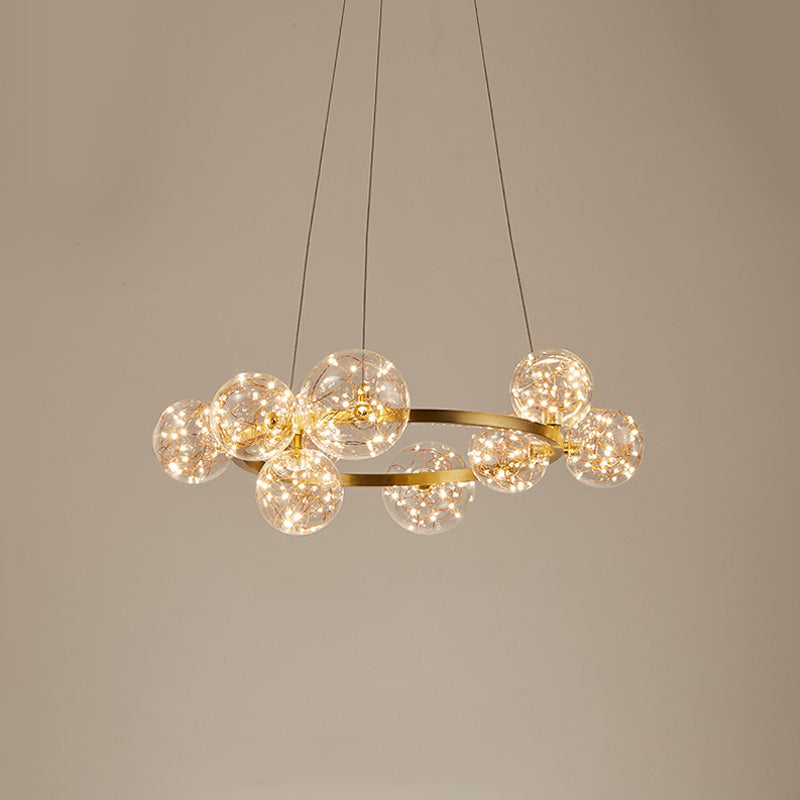 Contemporary Led Chandelier Light With Halo Ring - Clear Glass Globe Living Room Ceiling Lighting In