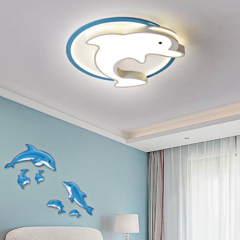 Kids Led Blue Dolphin Ceiling Light Fixture With Warm/White Acrylic Shade Flush Mount 18/23.5 W