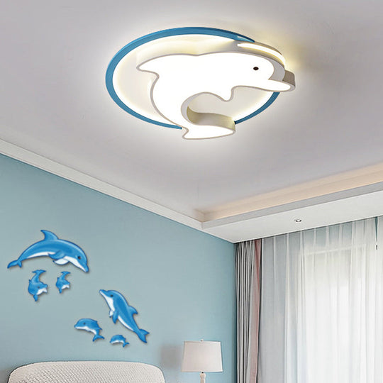 Kids Led Blue Dolphin Ceiling Light Fixture With Warm/White Acrylic Shade Flush Mount 18/23.5 W