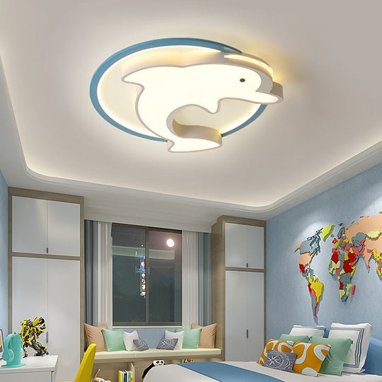 Kids Led Blue Dolphin Ceiling Light Fixture With Warm/White Acrylic Shade Flush Mount 18/23.5 W / 18