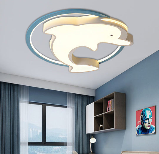 Kids Led Blue Dolphin Ceiling Light Fixture With Warm/White Acrylic Shade Flush Mount 18’/23.5’ W
