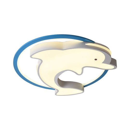 Kids Led Blue Dolphin Ceiling Light Fixture With Warm/White Acrylic Shade Flush Mount 18/23.5 W