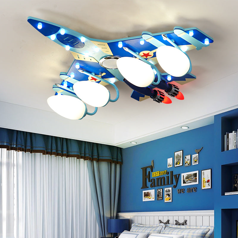 Cartoon Style Blue Plane Flush Mount Lamp With Wood Ceiling Lighting And Milk Glass Teardrop Shade -