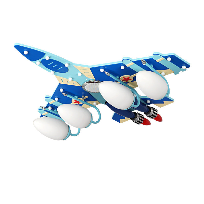 Cartoon Style Blue Plane Flush Mount Lamp With Wood Ceiling Lighting And Milk Glass Teardrop Shade -