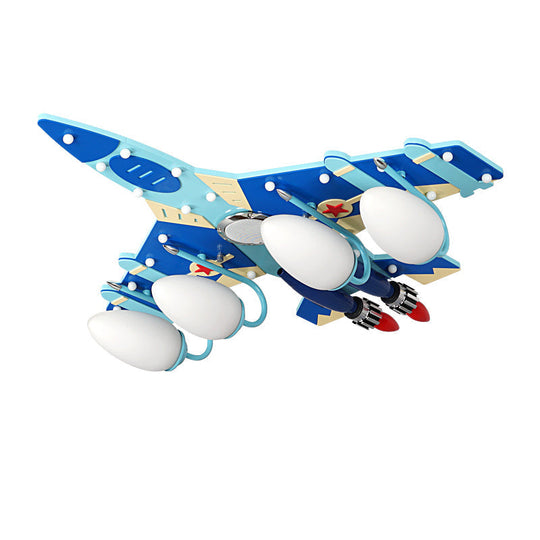 Cartoon Style Blue Plane Flush Mount Lamp With Wood Ceiling Lighting And Milk Glass Teardrop Shade -