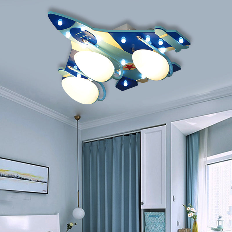 Cartoon Style Blue Plane Flush Mount Lamp With Wood Ceiling Lighting And Milk Glass Teardrop Shade -