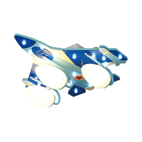 Cartoon Style Blue Plane Flush Mount Lamp With Wood Ceiling Lighting And Milk Glass Teardrop Shade -