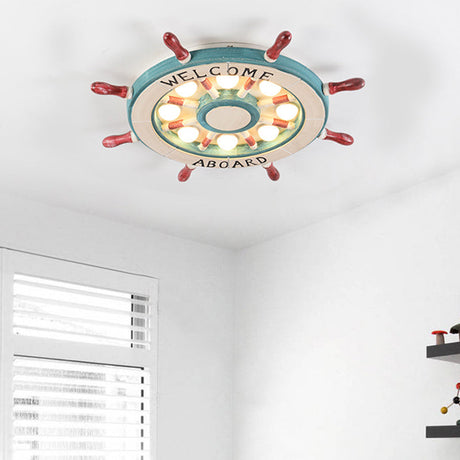 Nautical Wood Rudder Flushmount Ceiling Lamp - 8-Light Childrens Room Lighting In Green/Red With