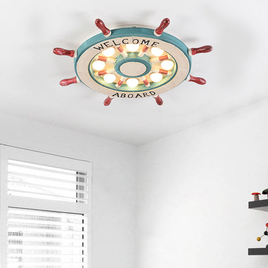 Nautical Wood Rudder Flushmount Ceiling Lamp - 8-Light Childrens Room Lighting In Green/Red With