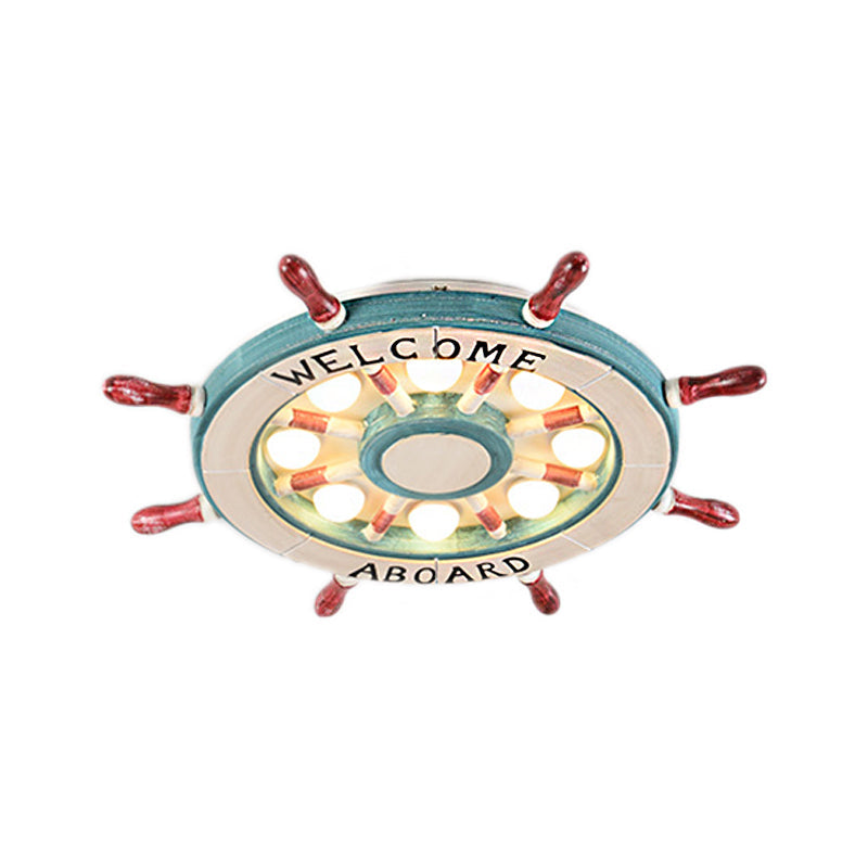 Nautical Wood Rudder Flushmount Ceiling Lamp - 8-Light Children’s Room Lighting In Green/Red With