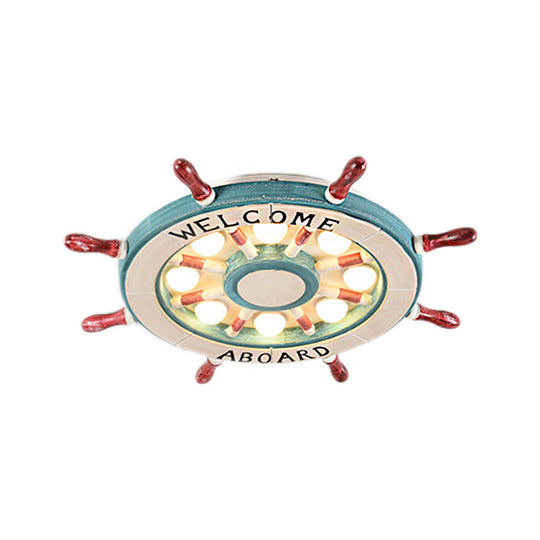 Nautical Wood Rudder Flushmount Ceiling Lamp - 8-Light Childrens Room Lighting In Green/Red With