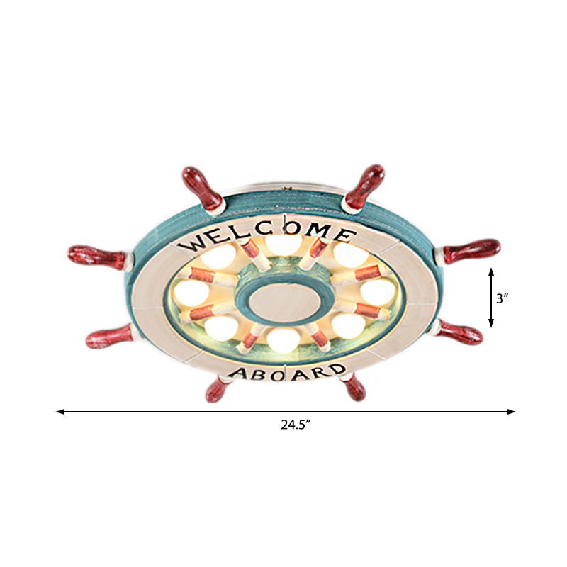 Nautical Wood Rudder Flushmount Ceiling Lamp - 8-Light Children’s Room Lighting In Green/Red With