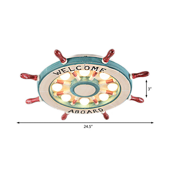 Nautical Wood Rudder Flushmount Ceiling Lamp - 8-Light Children’s Room Lighting In Green/Red With