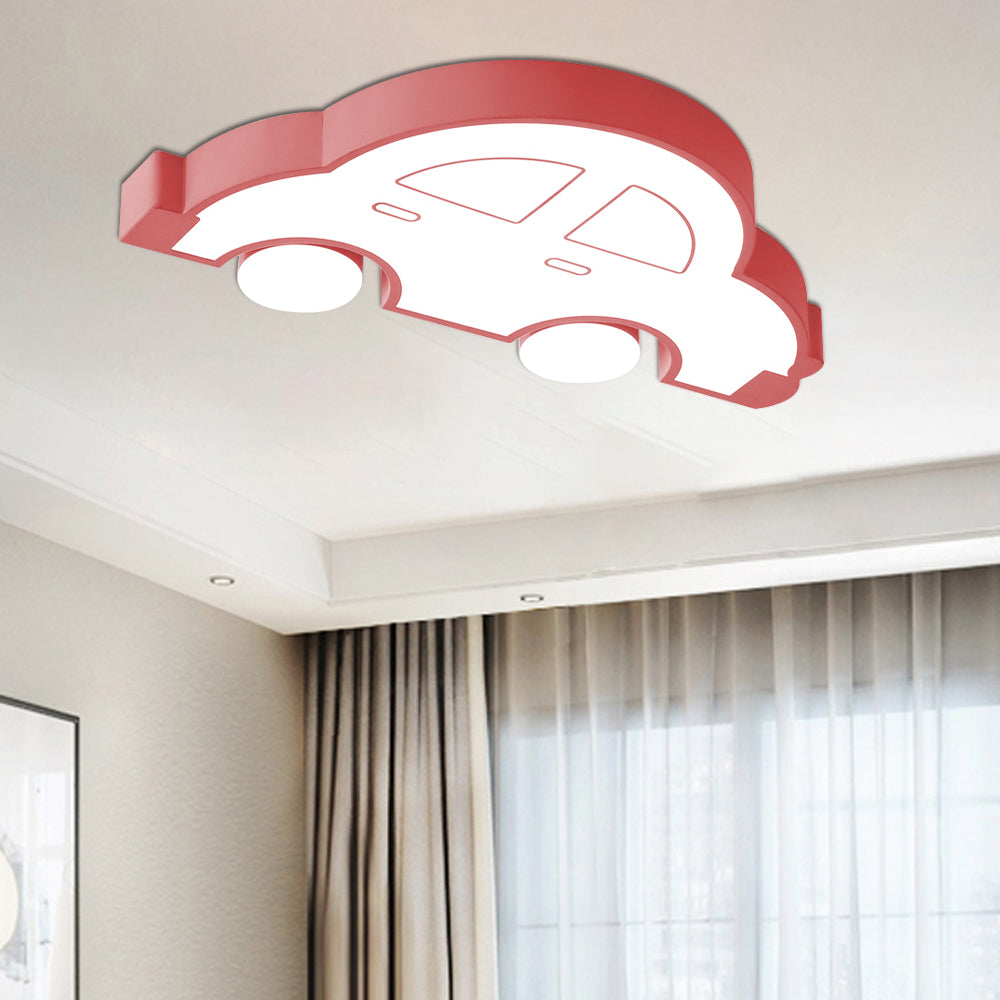 Led Indoor Flushmount Light With Car Cartoon Acrylic Shade Stylish Blue/Pink Ceiling Lamp In