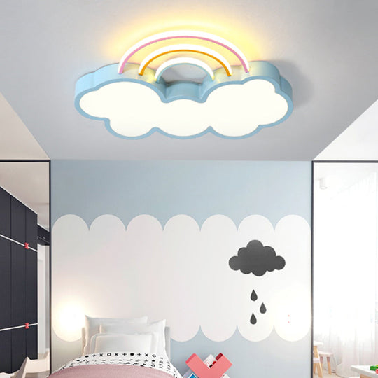 Kids Led Flush Mount Lamp: Blue Cloud And Rainbow Lighting (Warm/White) 13’/19’ W