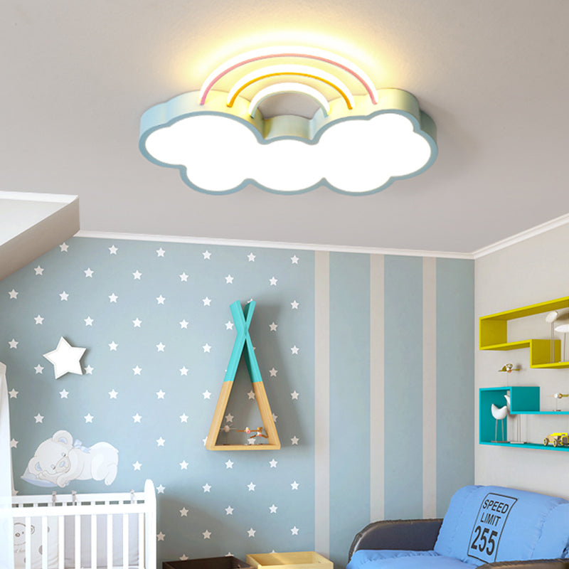 Kids Led Flush Mount Lamp: Blue Cloud And Rainbow Lighting (Warm/White) 13’/19’ W
