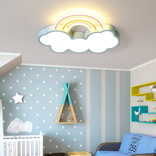 Kids Led Flush Mount Lamp: Blue Cloud And Rainbow Lighting (Warm/White) 13’/19’ W