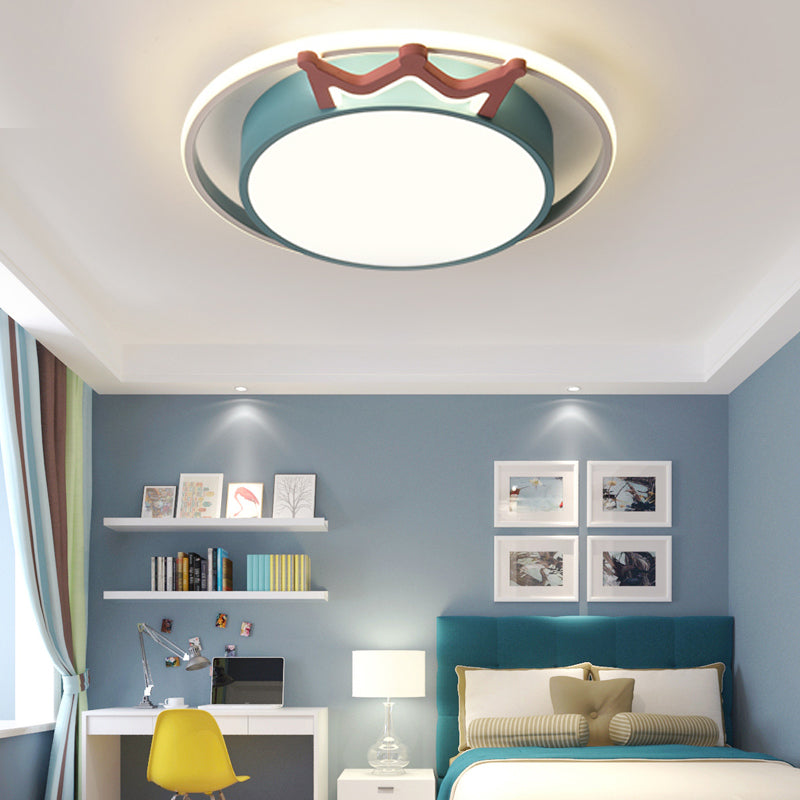 Cartoon Style Flush Mount Led Ceiling Light With Acrylic Shade And Crown Deco In Blue/Pink
