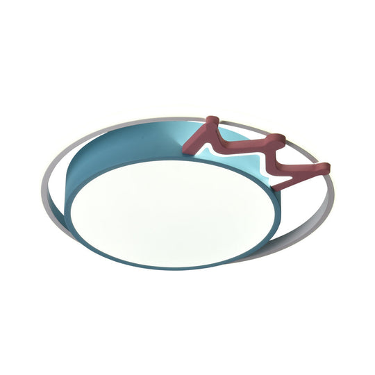 Cartoon Style Flush Mount Led Ceiling Light With Acrylic Shade And Crown Deco In Blue/Pink