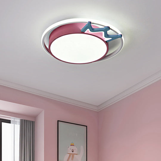 Cartoon Style Flush Mount Led Ceiling Light With Acrylic Shade And Crown Deco In Blue/Pink