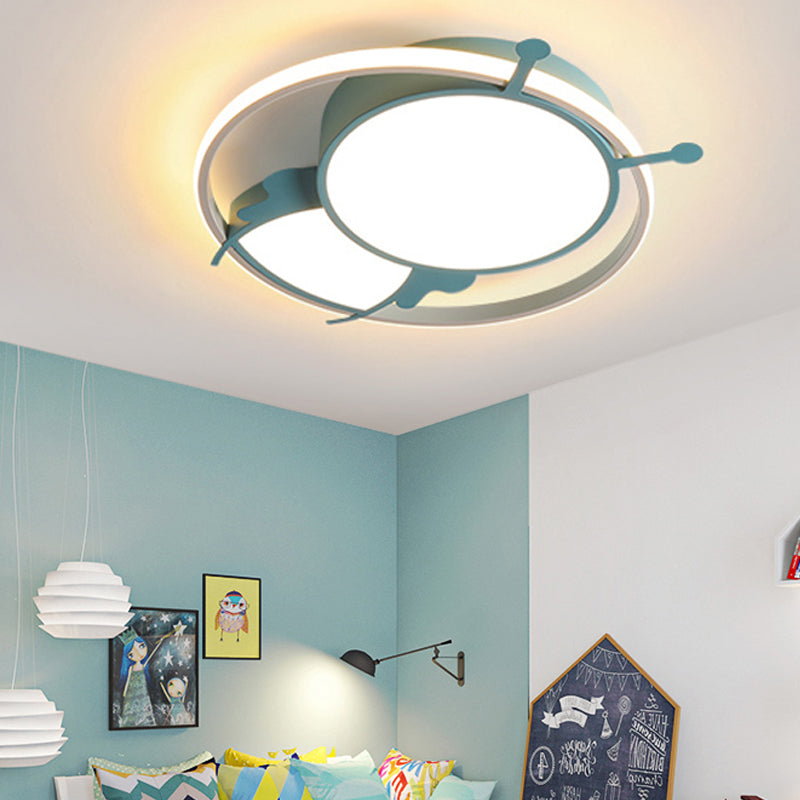 Kids Led Flush Mount Lamp With Metal Ring - Pink/Yellow Pendant Light Featuring Acrylic Bee Shade
