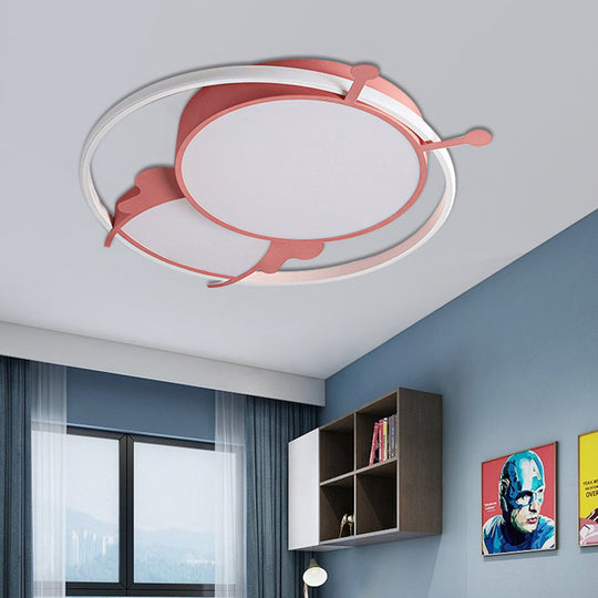 Kids Led Flush Mount Lamp With Metal Ring - Pink/Yellow Pendant Light Featuring Acrylic Bee Shade